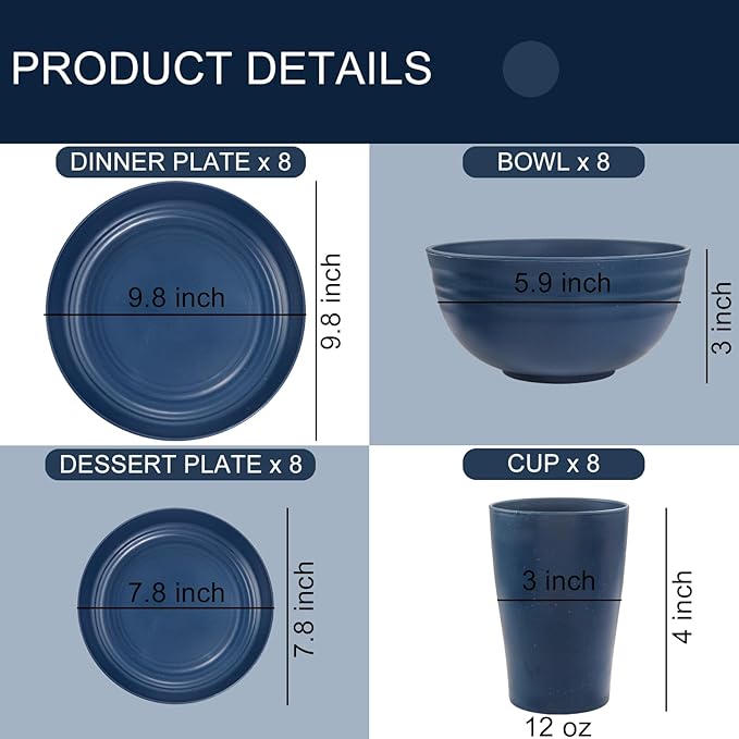 Supernal Wheat Straw Dinnerware Sets, Tableware Set for 8, Plates and Bowls Sets, Reusable Dinnerware Set, Microwave Dishwasher Safe, Blue Plastic Dinnerware Sets 16pcs Plates, 8pcs Bowls, 8pcs Cups