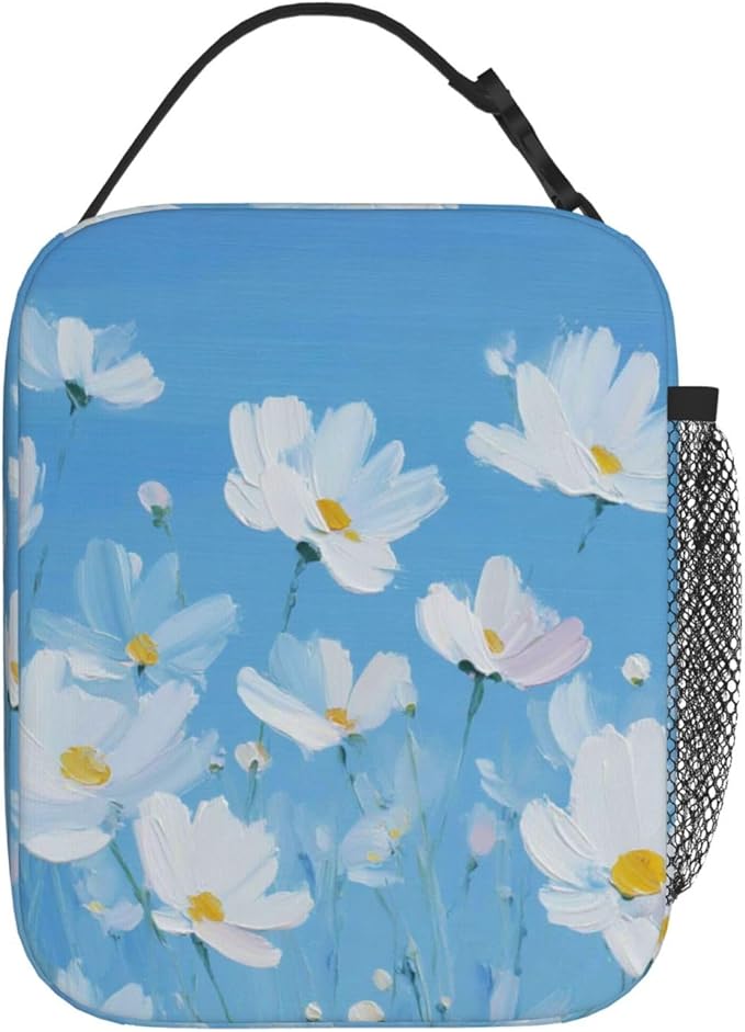 SUPLUCHOM Lunch Bag Flower Painting Blue Insulated Bento Box Cooler with Side Pocket for Girl Boy Women Men Work School Picnic Hiking Daytrip