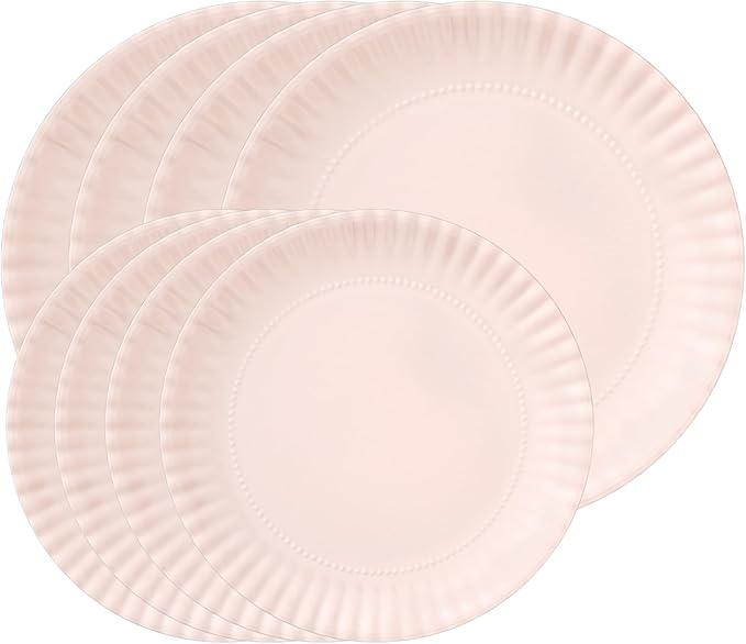 TP Melamine Dinner Plates Set of 8, 8” Salad Dessert Plates and 10.5” Dinner Plates, Dinnerware Set for 4, Indoors and Outdoors, Light Pink