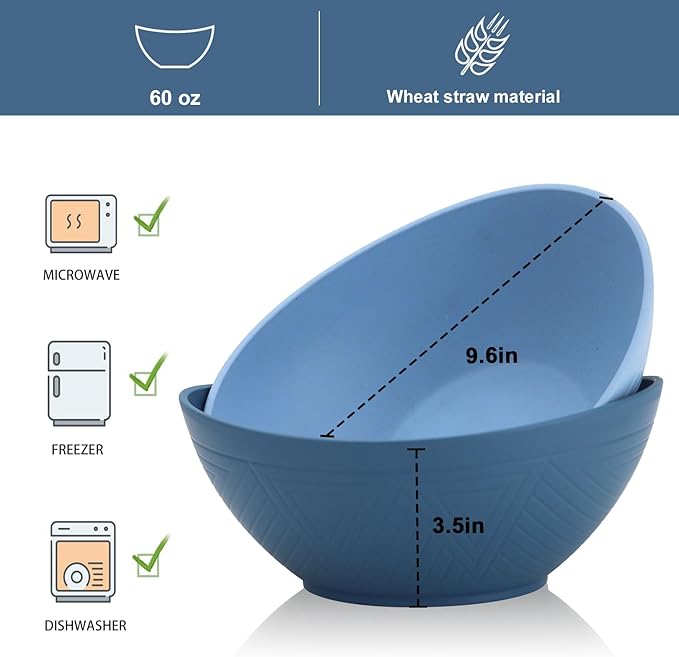 Wrova 65oz Big Wheat Straw Bowls - Large Salad Bowls set of 6 - Unbreakable Serving Bowls - Microwave & Dishwasher Safe - Oval Bowls for Cereal,Salad,Fruit - Ocean Series