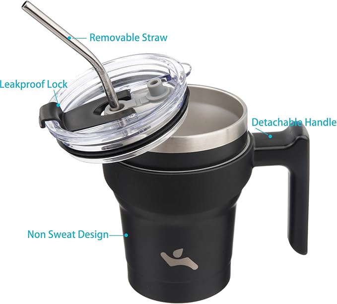 10 oz Tumbler with Handle and 2 Straw 2 Lid, Insulated Water Bottle Stainless Steel Vacuum Cup Reusable Travel Mug,Black