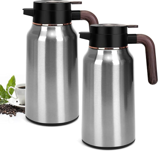 68oz Thermal Coffee Carafe, Stainless Steel Carafes for Hot Liquids 24 Hours, Insulated Coffee Carafes For Keeping Hot Coffee, Hot Water, Tea, Hot Beverage (2 Pack Silver)