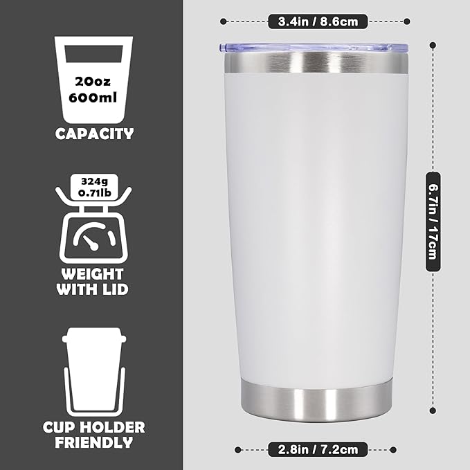 20oz Tumbler Bulk Stainless Steel Tumbler Cup with Lid Vacuum Insulated Double Wall Travel Mug, Durable Powder Coated Travel Coffee Tumbler Mug for Hot & Cold Drinks, White,8 Pack