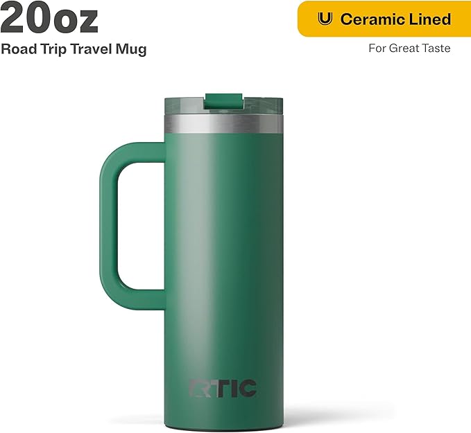 RTIC 20oz Road Trip Travel Mug with Lid and Handle, Ceramic Lined, Insulated, Stainless Steel, Metal, Double Wall Vacuum-Insulation, Portable Coffee, Tea Cup for Hot and Cold Drink, Pine Tree
