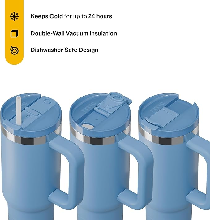 RTIC 30 oz Road Trip Tumbler Double-Walled Insulated Stainless Steel Portable Travel Coffee Mug Cup with Lid, Handle and Straw, Denim