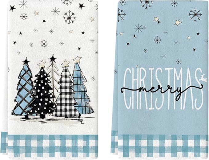 Artoid Mode Blue Xmas Tree Merry Christmas Kitchen Towels Dish Towels, 18x26 Inch Buffalo Plaid Snowflakes Winter Decoration Hand Towels Set of 2