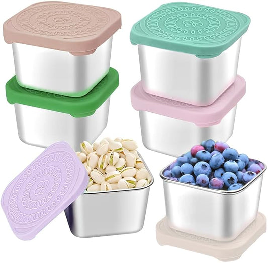 6Pack Stainless Steel Snack Containers for Kids, Easy Open Leak Proof Metal Toddler Snack Containers with Silicone Lids, Stackable Metal Toddler Lunch Box for Daycare, School and Travel (6oz)