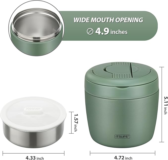 Soup Thermo for Hot Food Adults 32OZ Lunch Containers Wide Mouth Hot Food Jar Vacuum Insulated Stainless Steel Bento Box Leakproof with Spoon (Green)