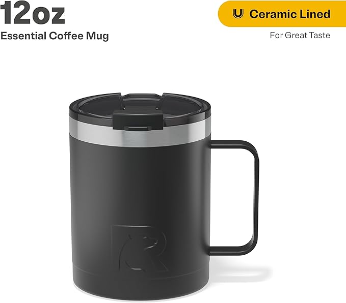 RTIC 12oz Essential Coffee Mug with Lid and Handle, Insulated, Ceramic Lined, Stainless Steel, Metal, Double Wall Vacuum-Insulation, Portable, Travel Cup for Hot and Cold Drink, Black