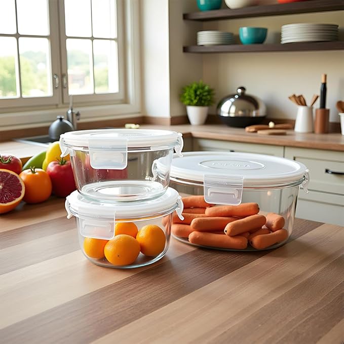 8 Pack Glass Food Storage Containers with lids, Round Glass Soup Container with Airtight Lids, Reusable Leakproof, Round Food Bowls for Soup, leftovers, Dishwasher Microwave Freezer Safe