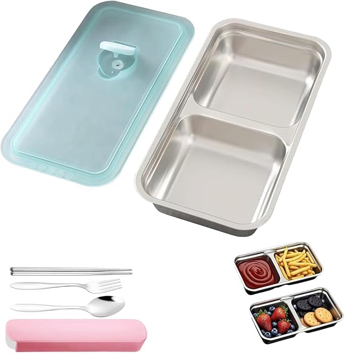 Stainless Steel Snack Containers - 2 Compartment Bento Box with Lids, Dishwasher-Reusable Storage Containers for Snacks, Dips, Fruits, Leak Proof, Travel, Camping (Includes Spoon & Fork)