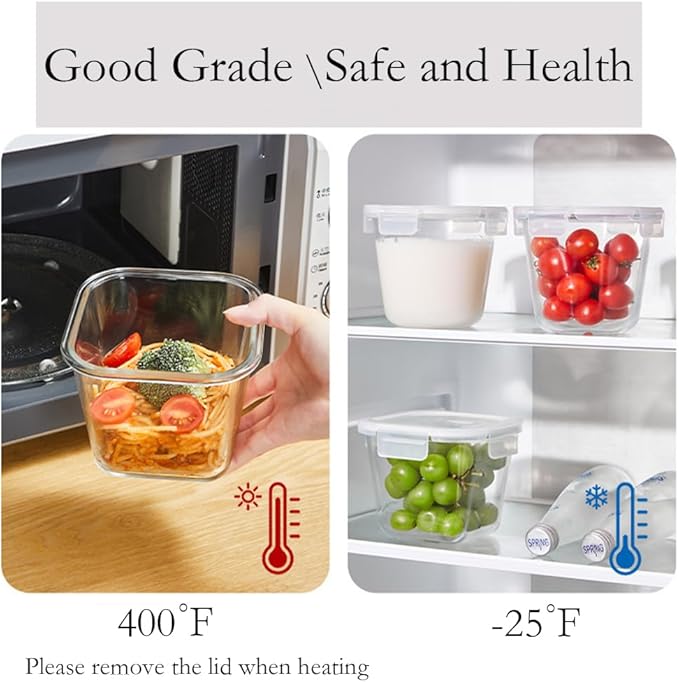Square Glass Food Storage Containers, 4 Cup Glass Soup Container with Airtight Lids,Square Food Meal Prep Bowls for Salad soupleftovers, Fridge、Microwave、Dishwasher Safe (4 Pack)