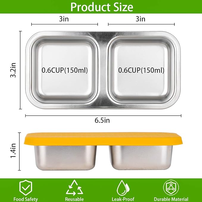 3 Pack Stainless Steel Snack Containers, 2 Compartment Snack Containers with Lids, Reusable Food Storage Containers with Lids for Travel, Outdoor, Camping