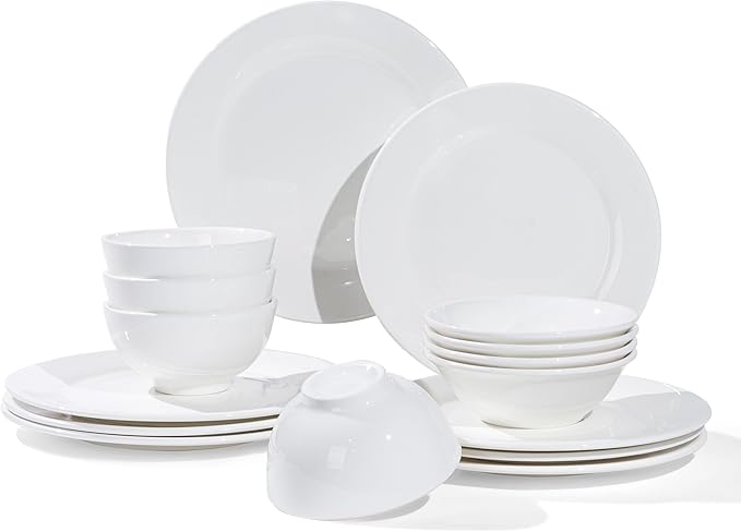 16 Piece White Dinnerware Sets for 4, Porcelain Plates and Bowls Sets, Dishwasher Oven and Microwave Safe - Elegant Kitchen Dish Sets, QOMO-1996