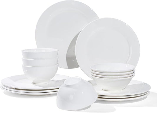 16 Piece White Dinnerware Sets for 4, Porcelain Plates and Bowls Sets, Dishwasher Oven and Microwave Safe - Elegant Kitchen Dish Sets, QOMO-1996