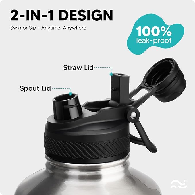 [2-IN-1 LID] 64 oz Insulated Water Bottle with Silicone Boot (48hrs Cold/24hrs Hot) - DIY Stickers, Leakproof, BPA Free, Half Gallon