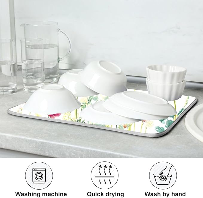 Spring Summer Herbs Flowers Plants Dish Drying Mat for Kitchen Counter Absorbent Dish Drainer Mats Drying Pads 18"x24"