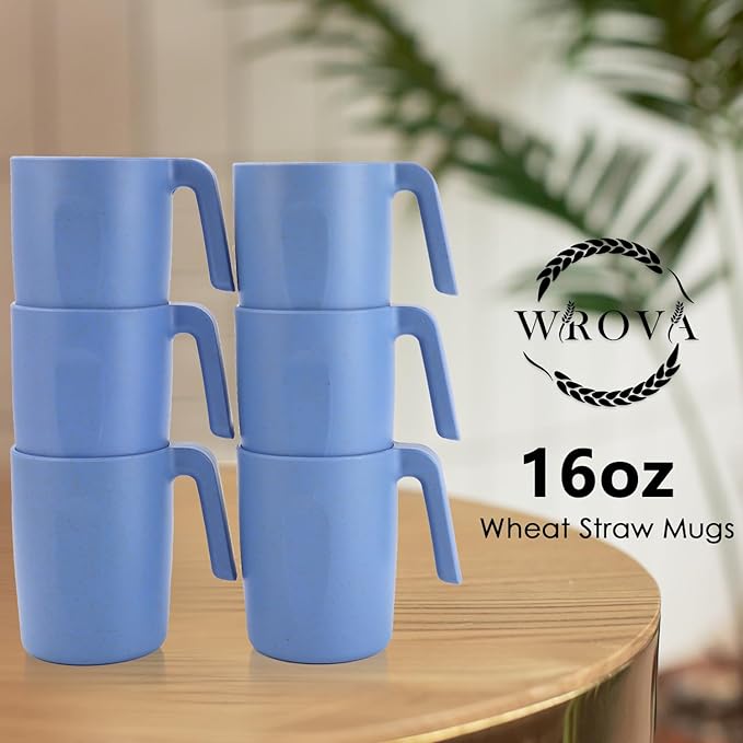 Wrova 16oz Wheat Straw Cups with handles set of 6-Plastic Cups Reusable-Unbreakable Kids Mugs-Dishwasher Safe & Microwave Safe-Ideal Plastic Mugs for Tea,Coffee,Camping,RV-Sky Blue