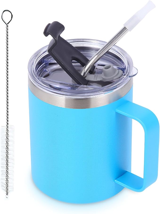 Volhoply 12oz Insulated Leakproof Coffee Mug with Flip & Straw Lid,Double Wall Vacuum Stainless Steel Travel Cafe Tumbler Cup with Handle,Reusable Camping Mugs Keep Cold/Hot(Blue,1 Set)