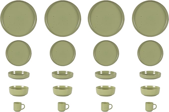 HomeVss, Nordic Shape Rising Rim Stoneware 20pc Dinnerware Set, Matte Green with Speckle Finished Effect