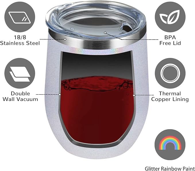 MEWAY Stemless 12 OZ Wine Tumbler Glasses with Lid -Insulated Double Wall Vacuum Stainless Steel Glitter Tumbler with Straw,for Woman Under 10 dollars (Rainbow White,1)