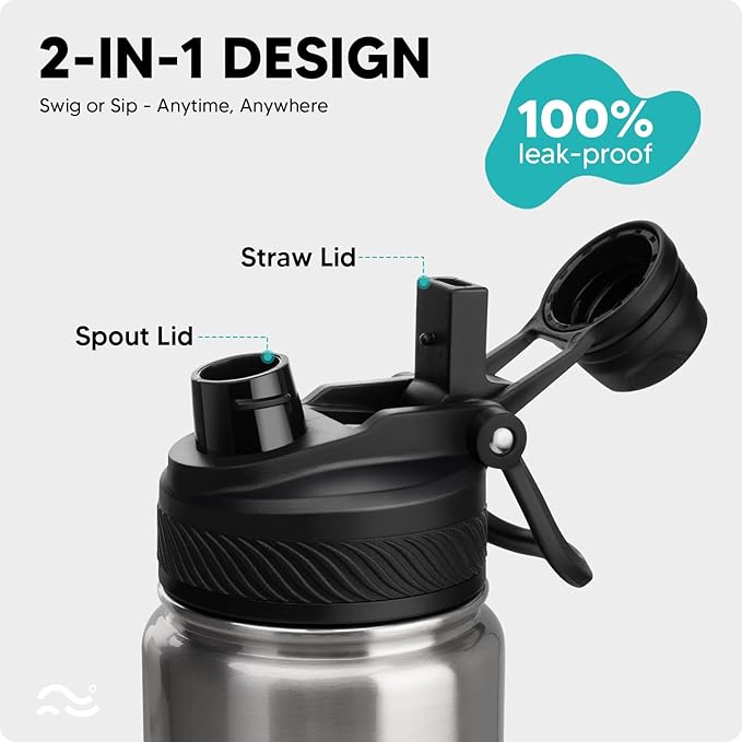 [2-IN-1 LID] Insulated Water Bottle with Silicone Boot (36hrs Cold/18hrs Hot) - DIY Stickers, Leakproof, BPA Free, 24 oz