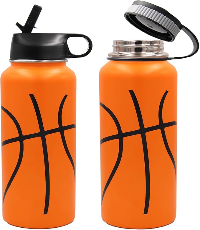 32 oz Basketball Water Bottle, Metal Thermo Travel Tumbler Sports Flask with 2 Lids, Stainless Steel Double Wall Vacuum Insulated Leak Proof Water Bottles, Basketball Accessories Gifts for Boys Girls