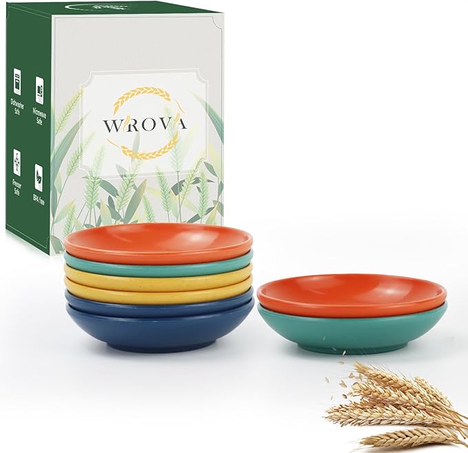 Wrova soy sauce dish 4 inch set of 8, small wheat straw plates 1.5oz for side dishes dishwasher safe, unbreakable plastic sauce dish for sushi,dishes,sauce...Colorful