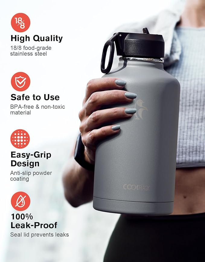 64 oz Insulated Water Bottle with Straw & 3 Lids, Coolflask Half Gallon Water Jug Large Metal Stainless Steel Wide Mouth for Sports, Gym or Office, Non-BPA Keep Cold 48H Hot 24H, Knight Grey
