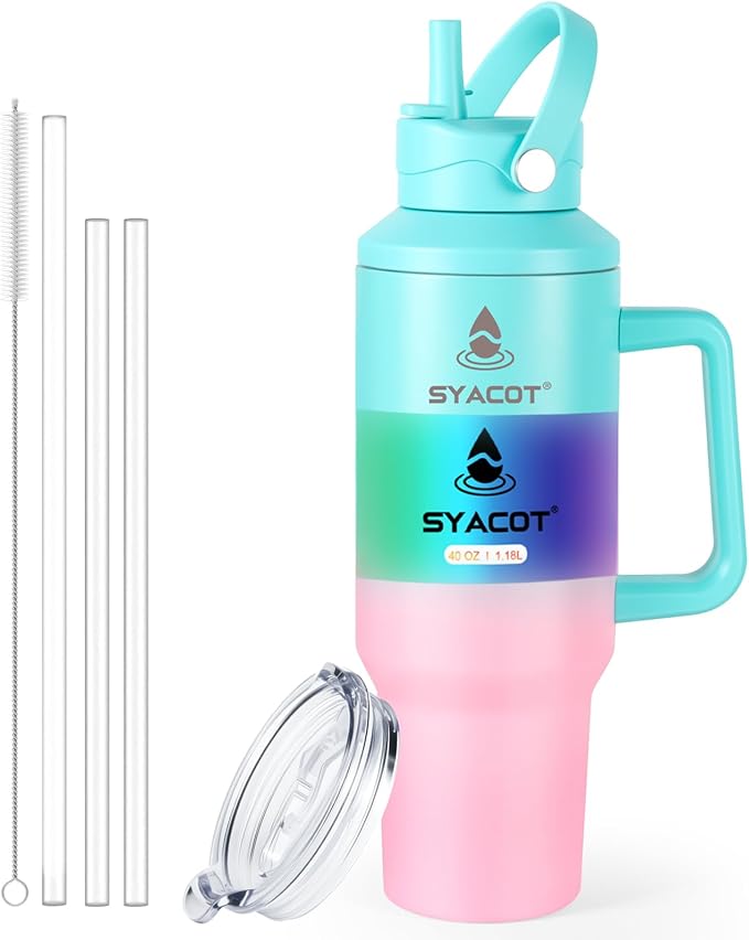 40 oz Tumbler with Handle and Straw or Convert to 40 oz Insulated Water Bottle Fits in Cup Holder. Stainless Steel Metal Water Flask with 2 Lids for Travel,Camping,Gym Sports Coffee Mug Thermal Cup