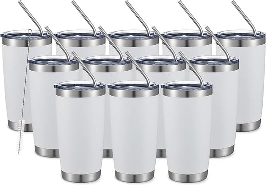 COMOOO 20oz White Tumbler Double Wall Vacuum Insulated Travel Mug Stainless Steel Coffee Mug with Lid and Straw Durable Powder Coated Insulated Coffee Cup for Cold & Hot Drinks (White,12 pack