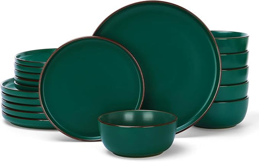 Famiware Mercury Plates and Bowls Sets, 18 Pieces Stoneware Dinnerware Sets, Dishes Set for 6, Microwave and Dishwasher Safe, Dark Green