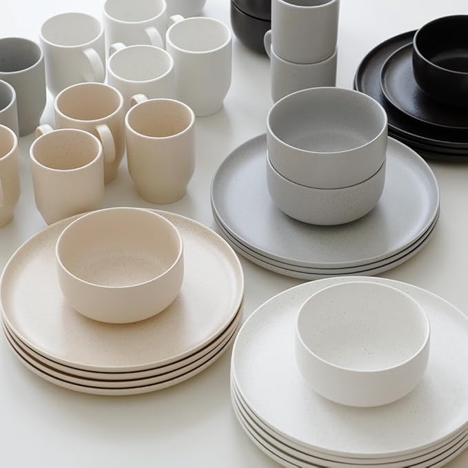 Stoneware Plates and Bowls Set - 12pcs Reactive Glazed Dinnerware Service for 4, Scratch & Chip Resistant (Oat Beige)
