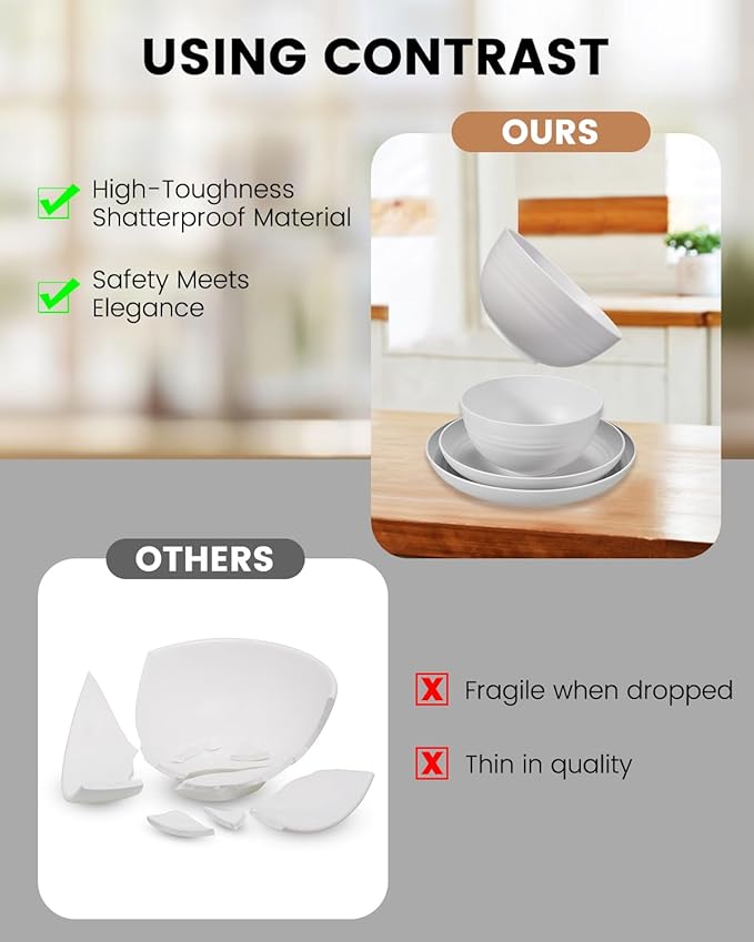 24 Pcs Dinner Plates Set- Picnic & Camping- Unbreakable & Reusable- Includes 4 x 9in, 4 x 8in Plates, 4 x 6in Bowls, 4 Cups, 4 Stainless Steel Forks and Spoons- Kitchen, Dorm, Office