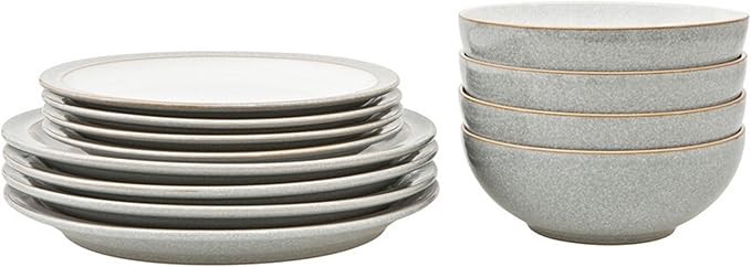 Denby - Elements Light Grey 12 Piece Dinner Set for 4 - Ceramic Tableware Plate & Bowl Set - Dishwasher Microwave Safe Crockery - 4 x Dinner Plates, Small Plates, Cereal Bowls - Chip & Crack Resistant