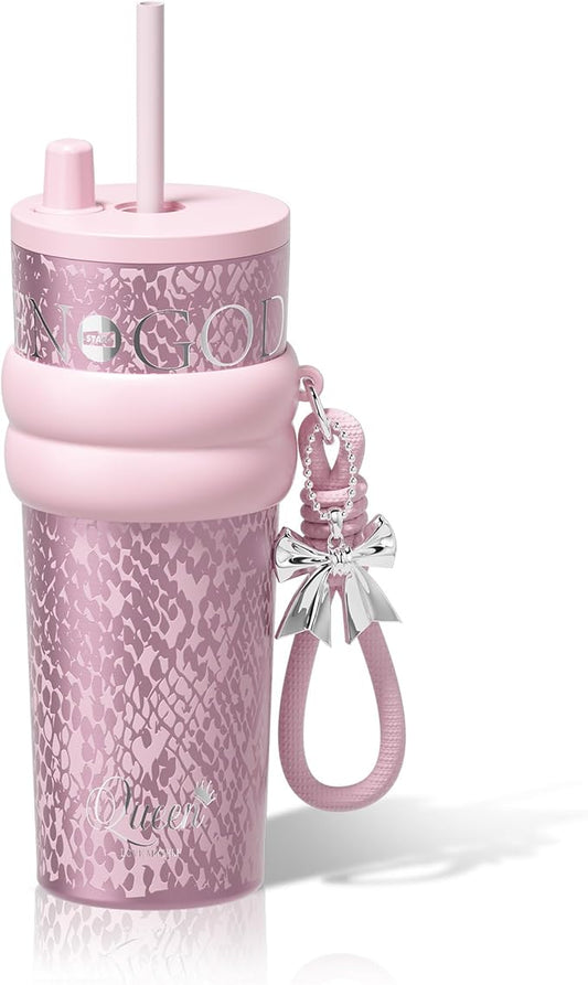 24 oz Stainless Steel Tumbler with Lid and Straw, Insulated Water Bottle Leak Proof for Hot and Cold, Portable Travel Coffee Mug, Reusable Coffee Cup for Women, Blush Pink