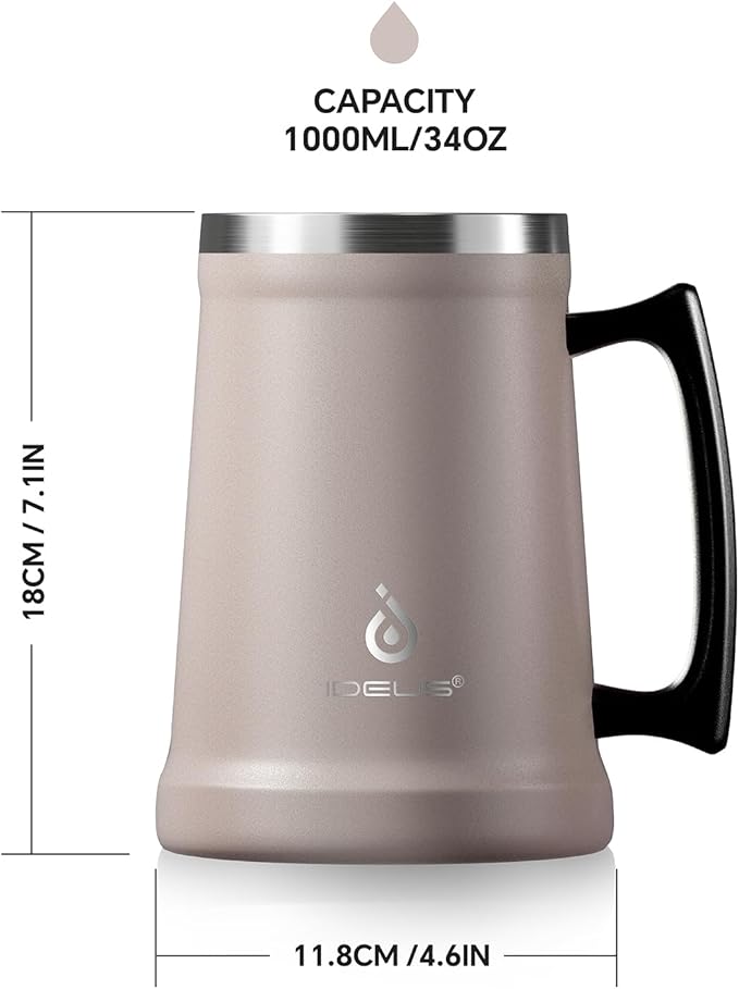Ideus Insulated Beer Stein, 24/32oz Stainless Steel Double Walled Beer Mug Giant Bar Drinkware Metal Beer Cup with Big Grip Handle (34oz (1,000ml), Dusty Pink)