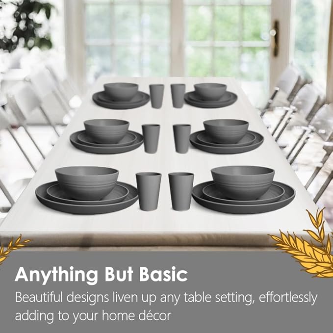 Teivio 32-Piece Kitchen Plastic Wheat Straw Dinnerware Set, Service for 8, Dinner Plates, Dessert Plate, Cereal Bowls, Cups, Unbreakable Colorful Plastic Outdoor Camping Dishes, Gray Matte