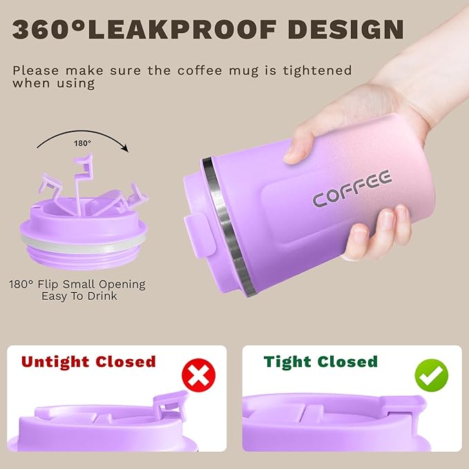 Travel coffee mugs leak-proof, reusable coffee cups with lids, stainless steel vacuum thermos coffee tumblers,thermal insulation cups for men and women hot & cold drinks (2nd-Purple Pink, 12OZ)