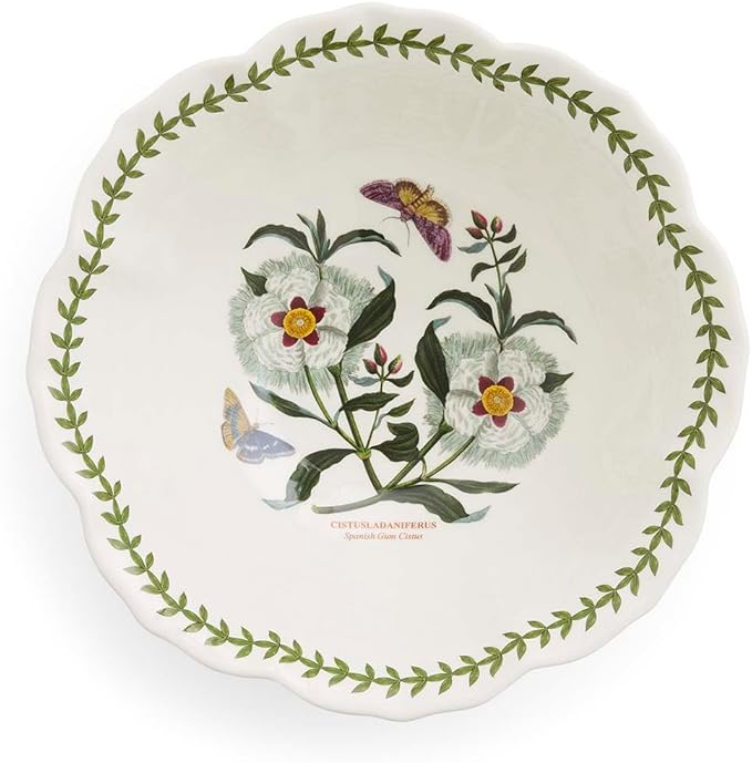 Portmeirion Botanic Garden Lotus Salad Bowl - Flower Shape, Scalloped Rim, Floral Spanish Gum Design with Butterflies - 10.5" Porcelain Dish, Laurel Leaf Border - Oven, Microwave, Dishwasher Safe