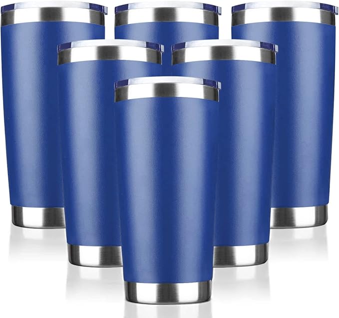 20oz Tumbler Stainless Steel Vacuum Insulated Mug with Lid, Double Wall Travel Mug, Durable Powder Coated Coffee Cup, Suitable for Ice Drinks and Hot Beverage (New Blue 6 pack)