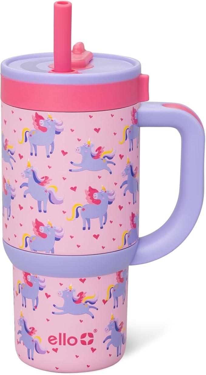 Ello Oasis 14oz Stainless Steel Toddler Tumbler with Handle & Retracting Straw, 100% Leakproof, Double-Wall Vacuum Insulated, Kids Water Bottle for School, BPA Free, Dishwasher Safe, Unicorns