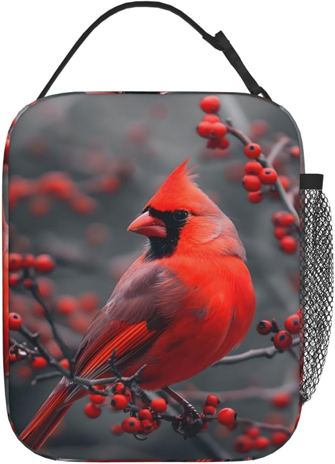Reusable Northern Red Cardinal Lunch Box for Kids, Insulated Berries Winter Bird Bag,Polyester Cooler Animal Lovers Handbags Case for School Picnic Work Travel Beach or Hiking, Gifts