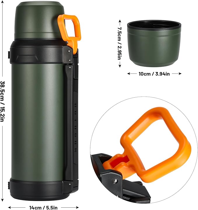 88oz Large Coffee Thermo for Travel, 2500ml Insulated Stainless Steel Water Bottle with Cup and Handle, Water Jug for 24hr Hot and Cold drinks, Vacuum Flask for Camping, Fishing & Working, Olive