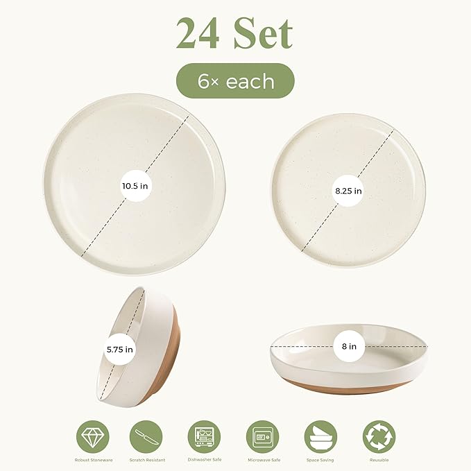 AmorArc Ceramic Dinnerware Sets with Pasta Bowls for 6, Handpainted Plates and Bowls Set with Rustic Terracotta Underside, Scratch Resistant Dishes Set, Dishwasher & Microwave Safe, 24 Pcs