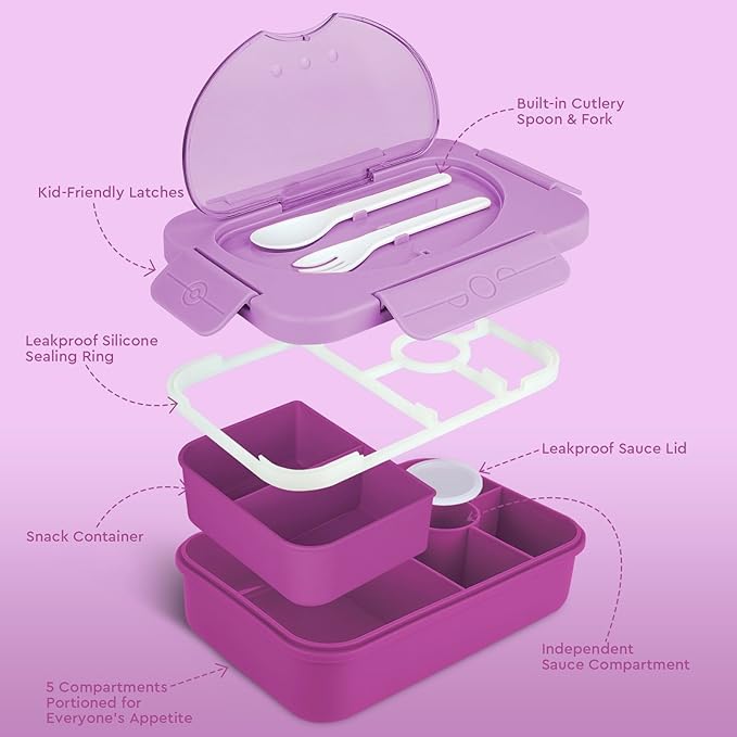 Bento Box Adult Lunch Box,Lunch Containers for Adults Kids,5-Compartment Bento Box for Kids Snack Boxes with Cutlery (Purple)