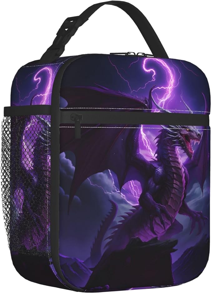 Reusable Purple Dragon Lunch Box for Kids, Insulated Epic Lightning Animal Bag,Polyester Cooler Fantasy Lovers Handbags Case for School Work Picnic Travel Beach or Hiking, Gifts