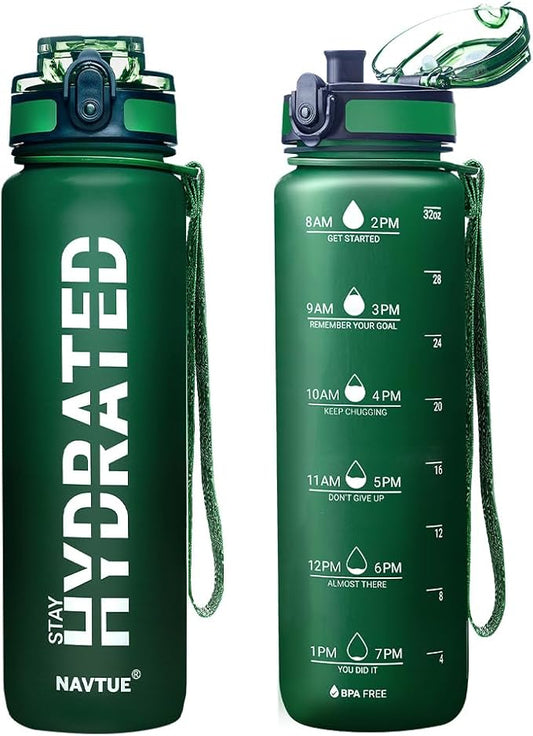 Water Bottle, 32 oz Sports Water Bottles with Time Marker Wide Mouth, Motivational and Leakproof Drink Bottle, BPA Free Tritan with Carry Strap for Gym Fitness Outdoor(Direct Drink 1 Bottle)