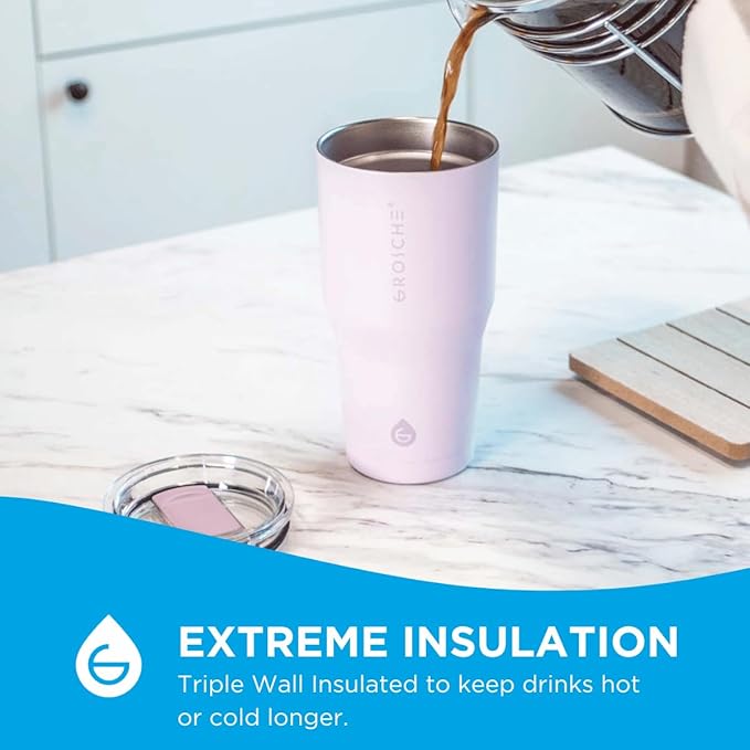 GROSCHE Yukon 30 oz Insulated Coffee Mug with Lid - Durable Travel Mug, Stainless Steel Tumblers, Vacuum Insulated Coffee Tumbler for Hot or Cold Beverages - LAVENDER