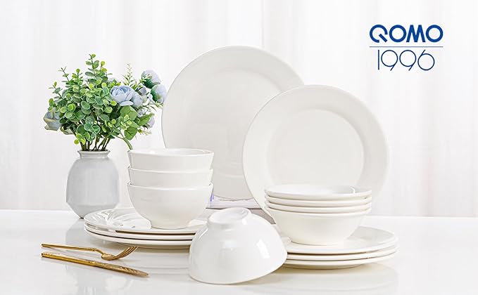 16 Piece White Dinnerware Sets for 4, Porcelain Plates and Bowls Sets, Dishwasher Oven and Microwave Safe - Elegant Kitchen Dish Sets, QOMO-1996